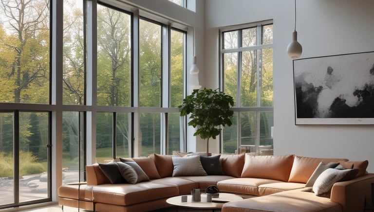 A bright, cozy living room freshly cleaned with sunlight streaming through the windows.