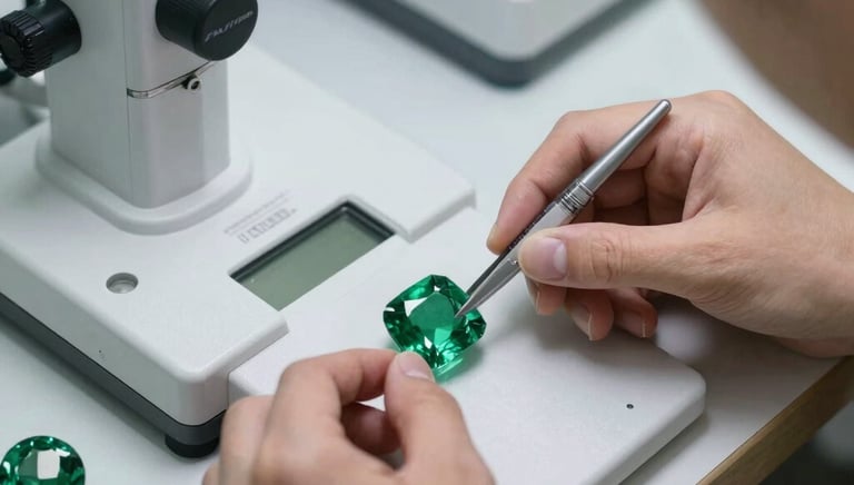 Elegant workspace with gemologist analyzing precious stones with magnifying tools