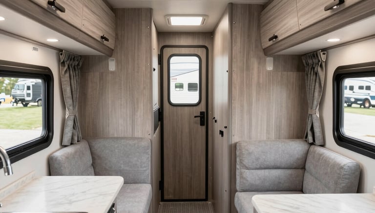 Interior view of a cozy, clean travel trailer with warm lighting and practical furnishings.