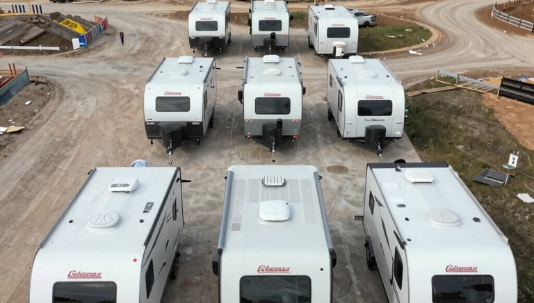 A sleek, modern Coleman-style camper in safety orange and dark teal parked at a rugged disaster response site.