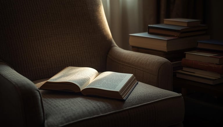 reading chair near light, books stacked on side
