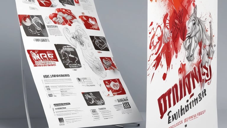 A spread of colorful promotional flyers fanned out on a black surface with crimson highlights.