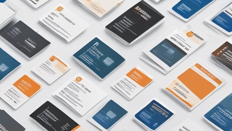 Close-up of a stack of sleek business cards with crimson and black accents on a wooden desk.