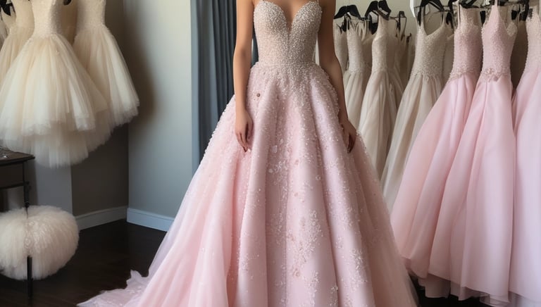 An elegant fitting room with a client and designer discussing fabric swatches and sketches.