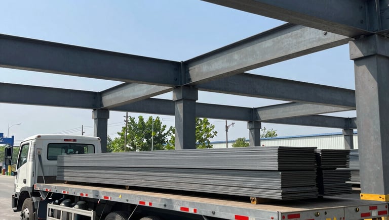 A heavy-duty flatbed trailer loaded with industrial equipment on a highway at sunset.