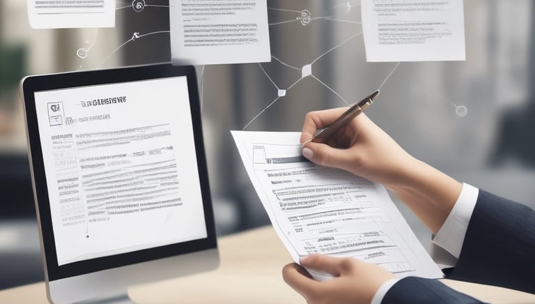 A business professional reviewing public bidding documents on a desk.
