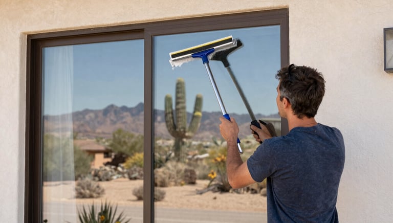A professional cleaning a large commercial window with a squeegee under bright sunlight.