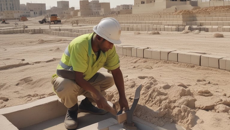 Construction workers laying bricks on a sunny day at a Qatar building site.