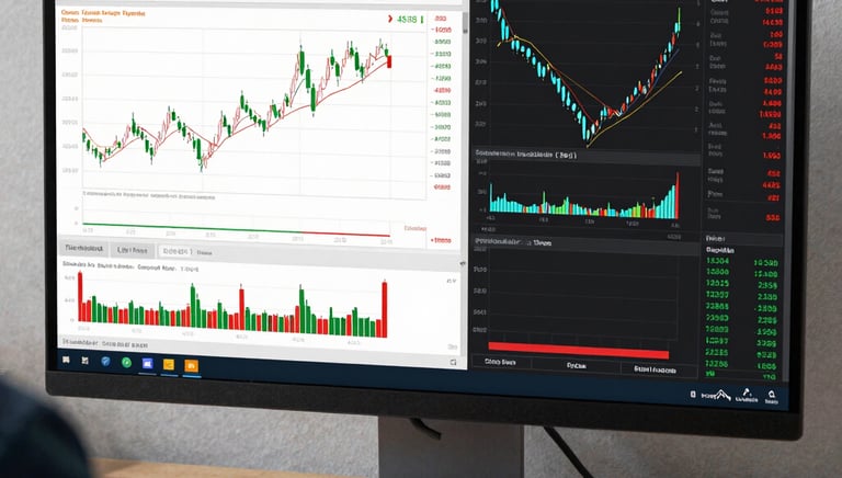 A sleek dashboard showing live forex charts and automated trade signals in blue and green tones.
