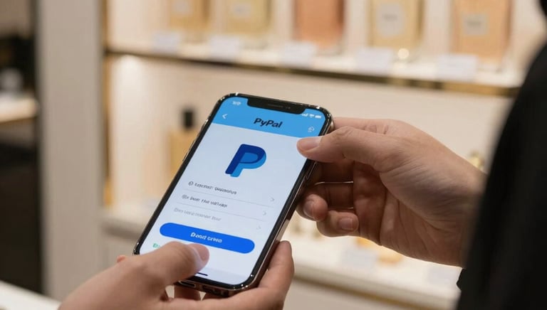 Screenshot of a PayPal payment confirmation on a smartphone screen with a Sicilian perfume bottle in the background.