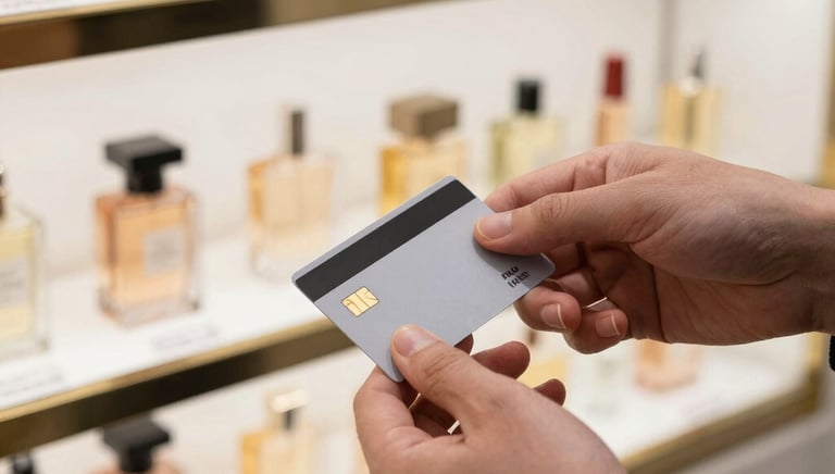 Close-up of a hand holding a credit card near a laptop keyboard, symbolizing secure online payment.