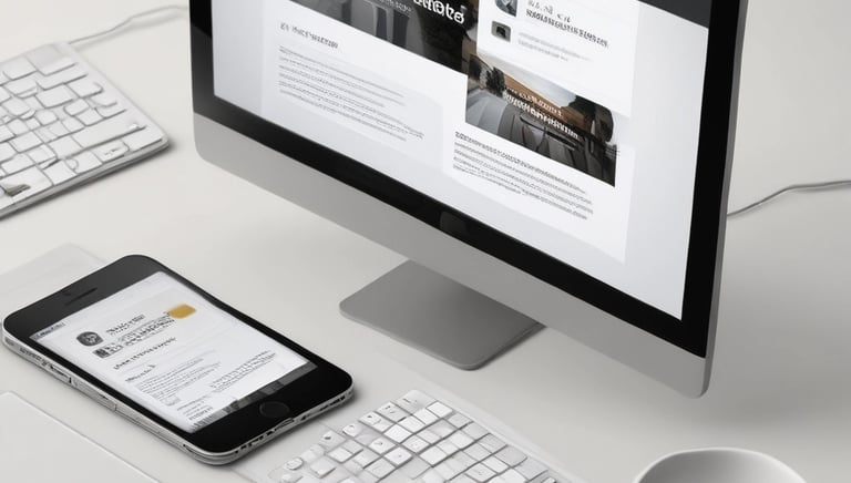 A sleek modern website displayed on a desktop screen with SEO analytics charts.