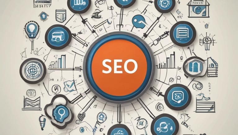 A sleek modern website displayed on a desktop screen with SEO analytics charts.