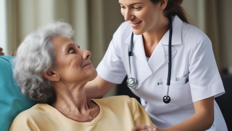 A friendly nurse assisting a patient in a bright, welcoming hospital room.