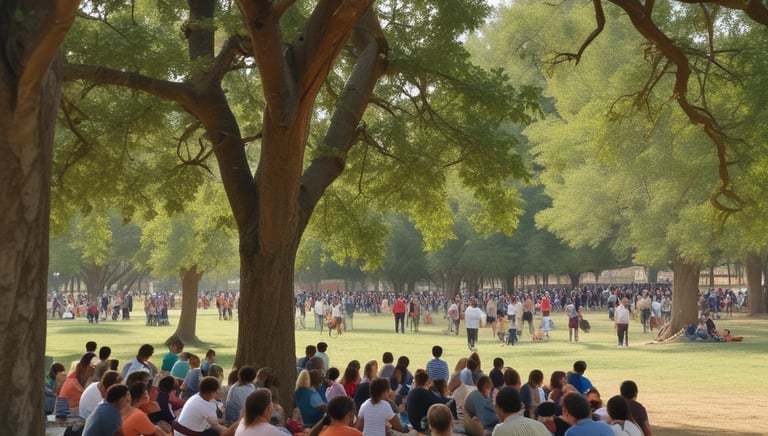 Group of children and adults engaging in an outdoor environmental workshop surrounded by trees.