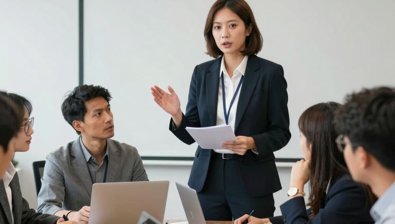 A team working together on public relations strategies in a sleek, blue-themed workspace.