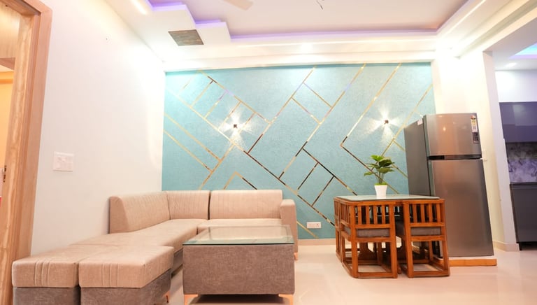 a living room with a couch and a table