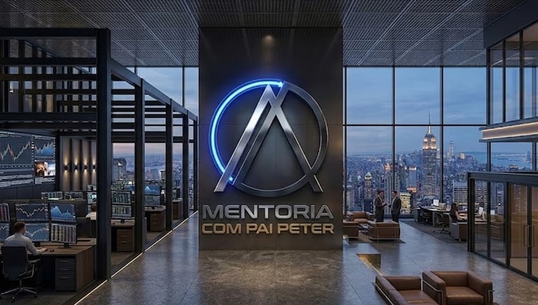 Modern financial trading office in a skyscraper overlooking the New York City skyline at night.