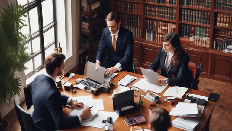 A young lawyer discussing case details with a mentor in a cozy office.