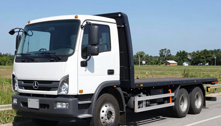 A long open trailer truck loaded with cargo, moving through a scenic route under clear skies.
