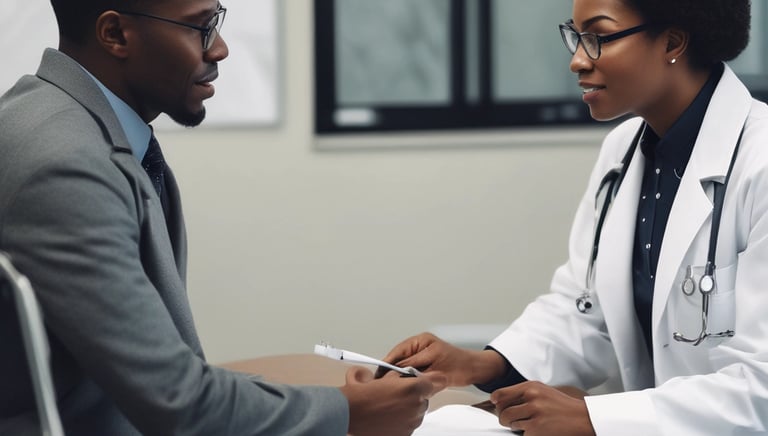 Doctor consulting with a patient in a bright, welcoming clinic room.