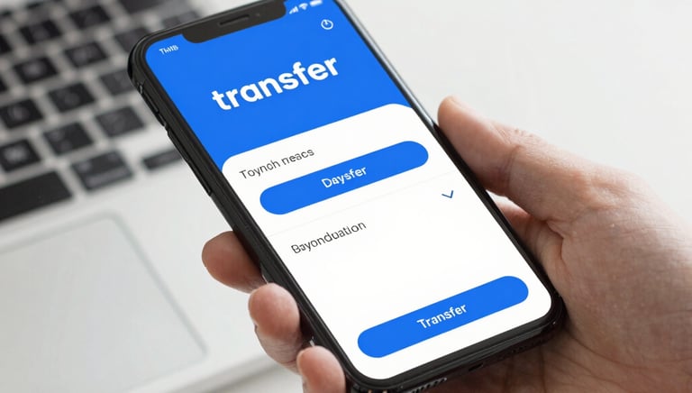 Person using a laptop to make a bank transfer payment with a cup of tea nearby.