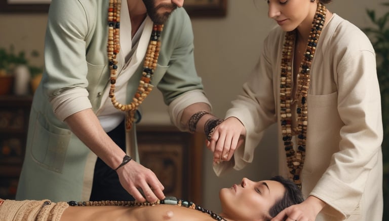 A compassionate therapist engaging with a patient in a calm, welcoming office.