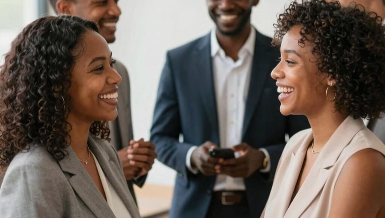 A group of diverse people smiling and chatting in a casual support meeting.