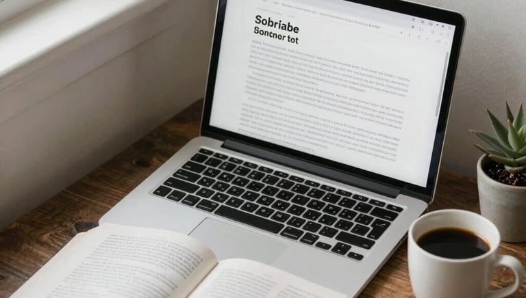 A cozy reading nook with a laptop open to an article on sobriety.