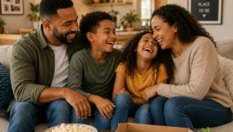 Happy family spending quality time together at home, representing the positive life skills and confi