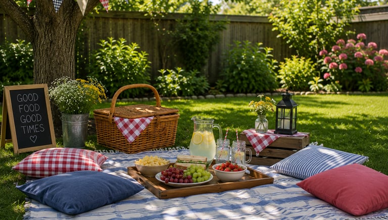 A picnic setup in the backyard complete with blanket, food and drinks.