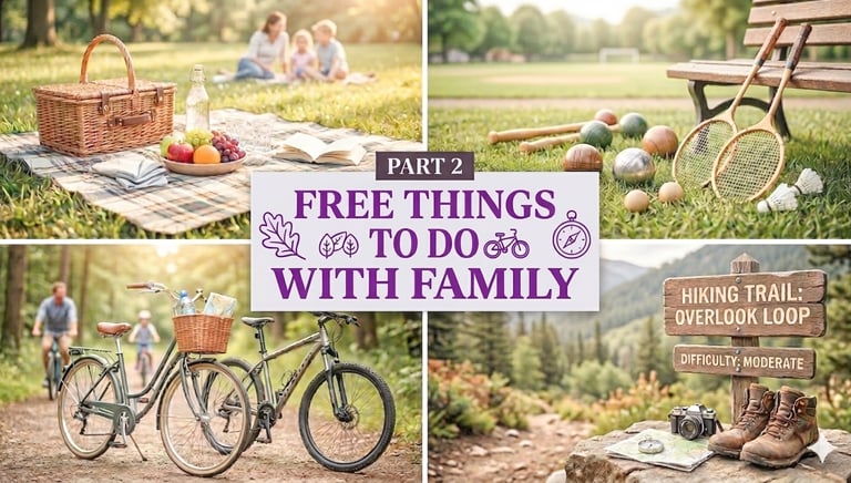 Collage of free things to do with family outdoors.- picnic, bike riding, hiking, outdoor games