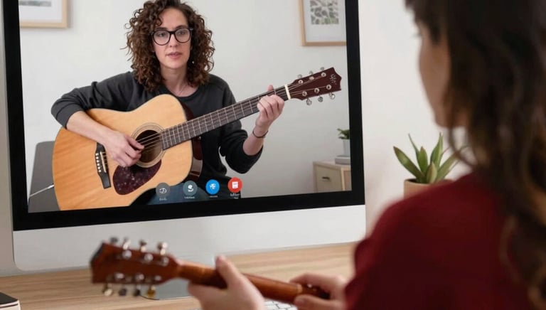 A student practicing guitar at home, focused and engaged during an online lesson.