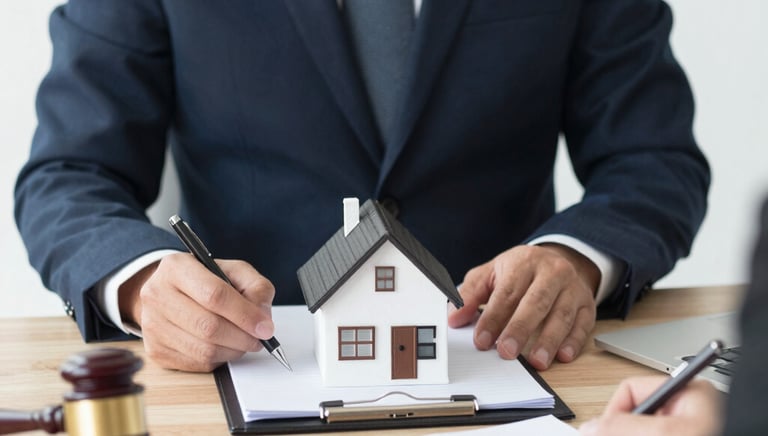 A lawyer reviewing property documents with clients in a bright office.