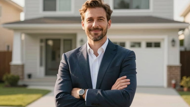A confident investor reviewing property listings on a tablet in a modern office space.