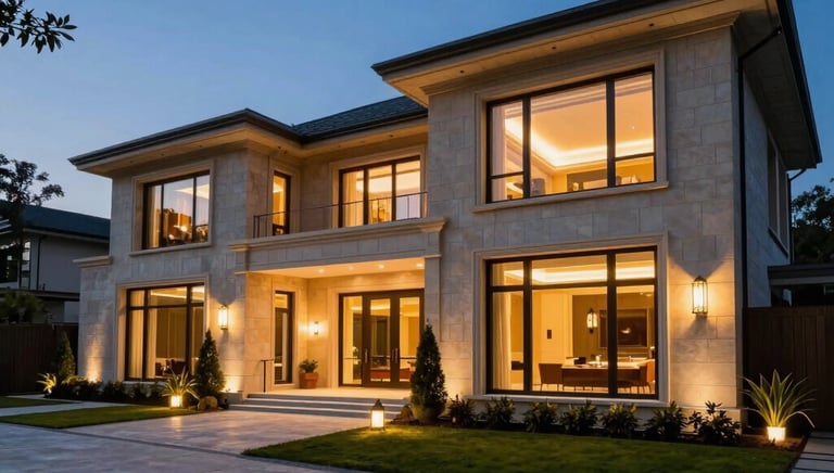 Elegant modern mansion with expansive glass windows and a sleek driveway.