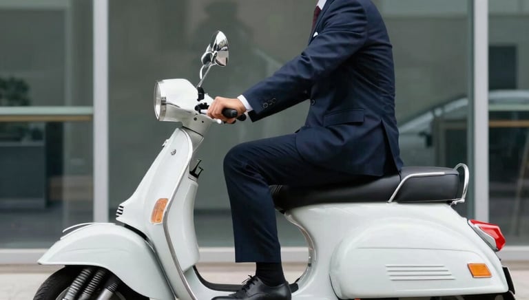 Tour guide assisting tourists on electric Vespas with a city skyline in the background.
