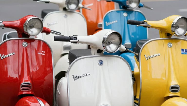 Classic electric Vespa parked on a sunlit cobblestone street in an urban setting.