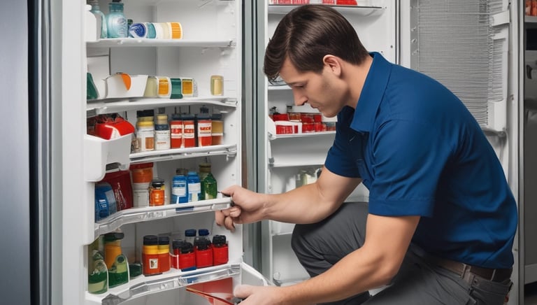 Image showing a professional fixing a refrigerator in a bright, clean kitchen.