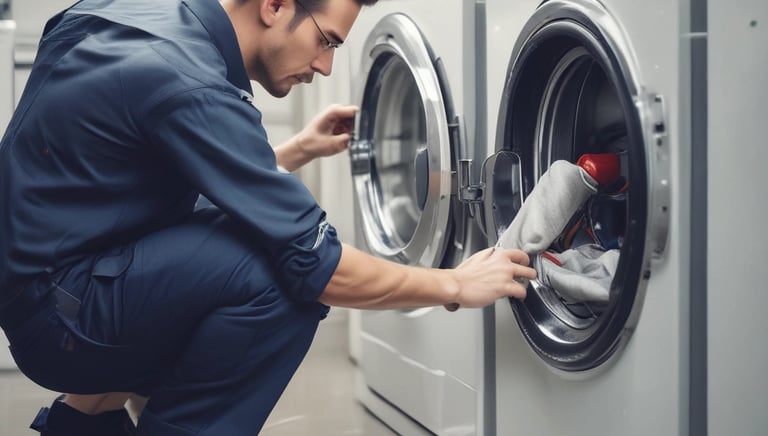 High-quality photo of a modern kitchen with a washing machine being repaired by a technician.