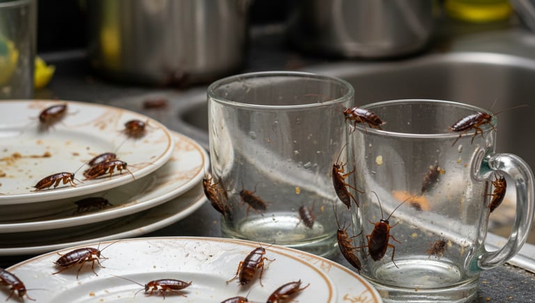 A cockroach infestation on dirty dishes and glasses in a kitchen sink, showing a need for pest control.