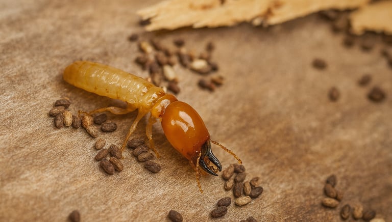A macro view of a drywood termite soldier with large mandibles crawling on wood near termite droppings.