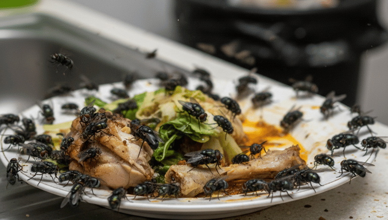 A swarm of house flies on a plate of leftover food in a messy kitchen, highlighting a pest infestation.
