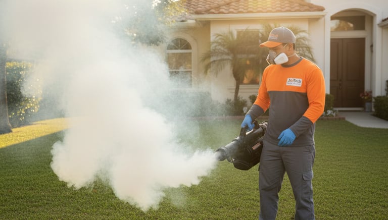 Professional pest control technician spraying mosquito fog treatment on a residential lawn.