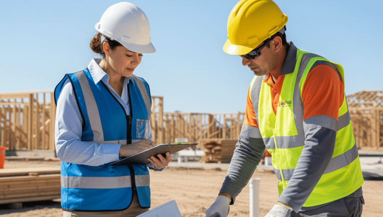 JanTech exterminators planning installation of reticulation review blueprints at a building site.