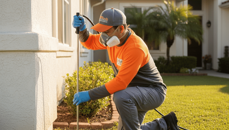 A professional pest control technician wearing protective gear applies termite treatment to a residential yard.