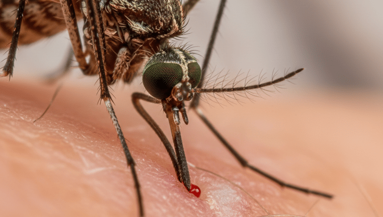 Extreme macro of a mosquito biting human skin to feed on a droplet of red blood.