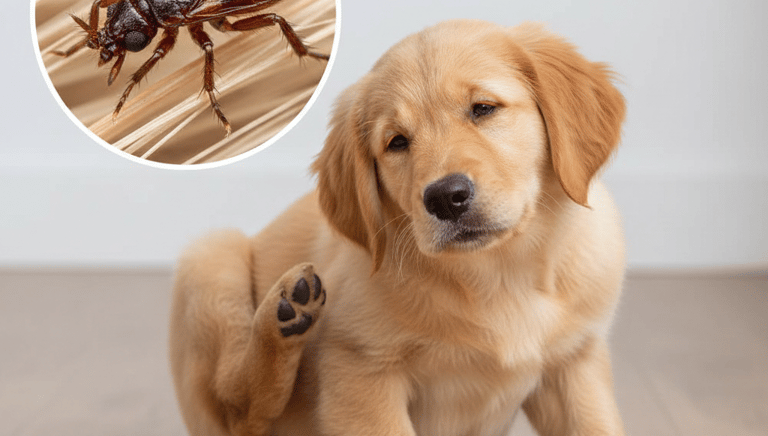 Golden Retriever puppy scratching an itch with a close-up flea or tick insect icon overlay.