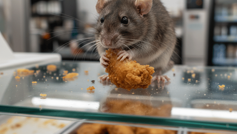 A brown rat eating a piece of crispy fried chicken on a glass counter in a commercial kitchen.