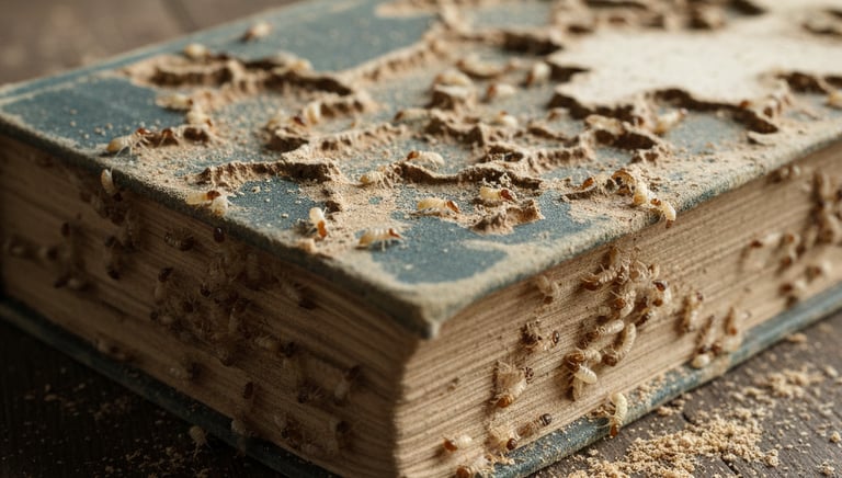 Termite infestation damaging an old book with visible wood-destroying insects and sawdust debris.